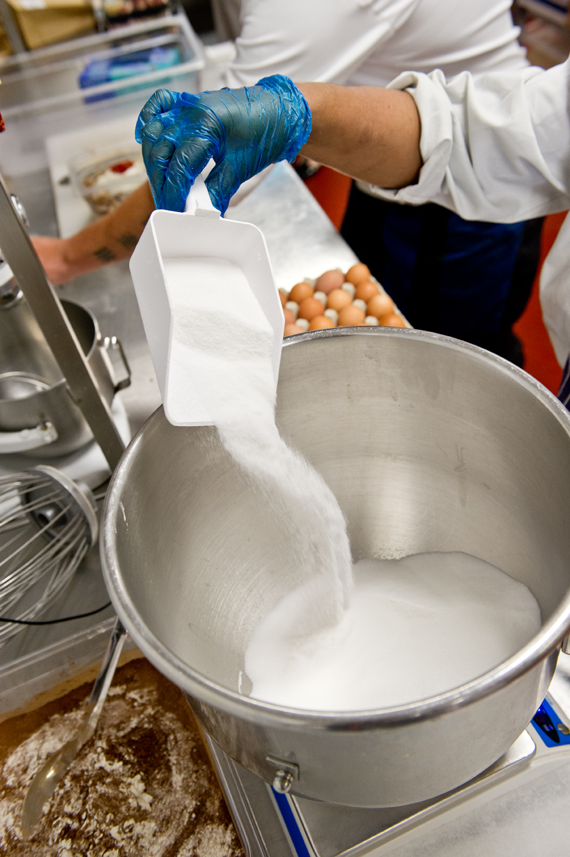 Cake ingredients being prepared in a commercial kitchen