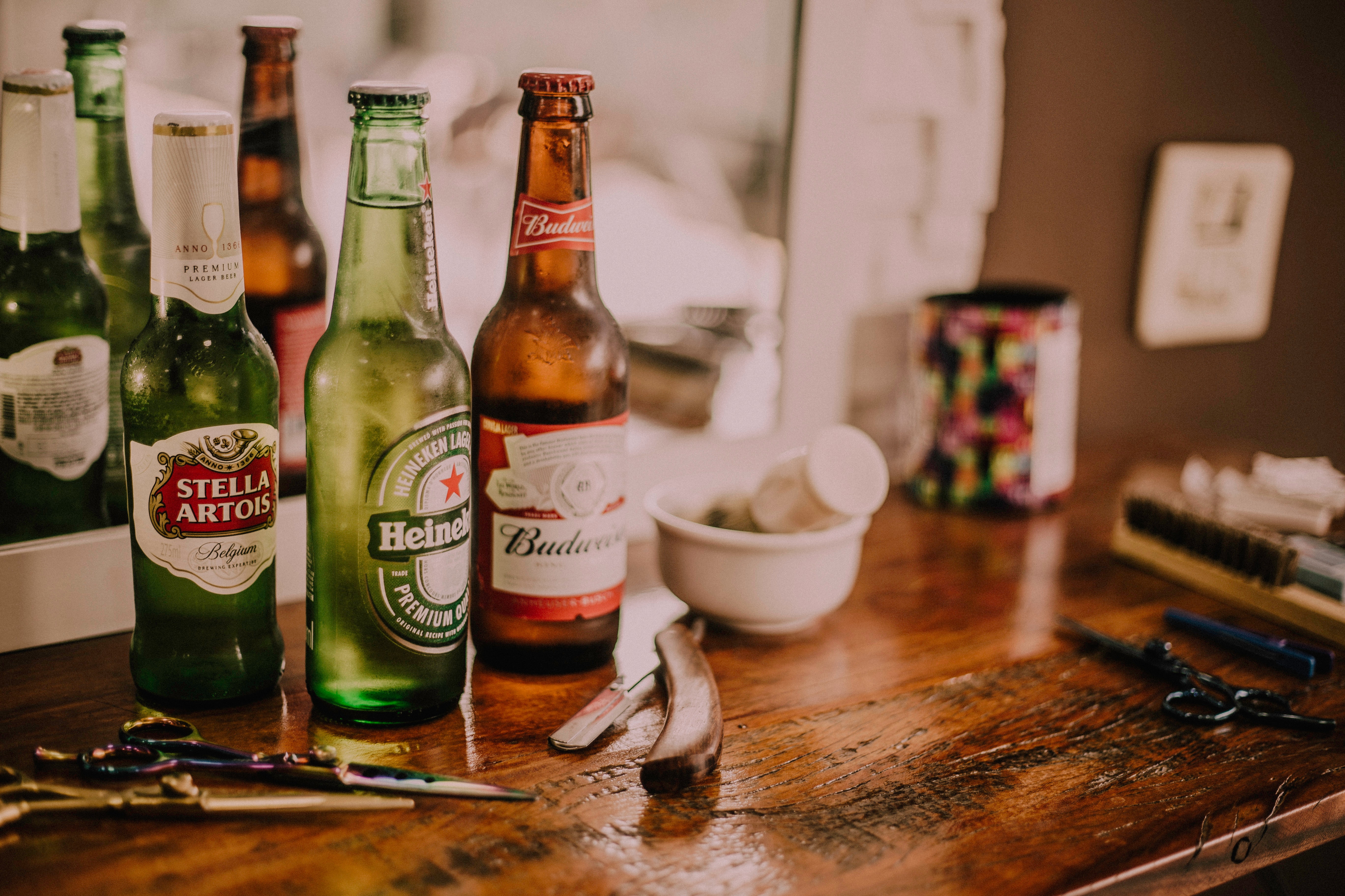 Bottles of beer on bar counter